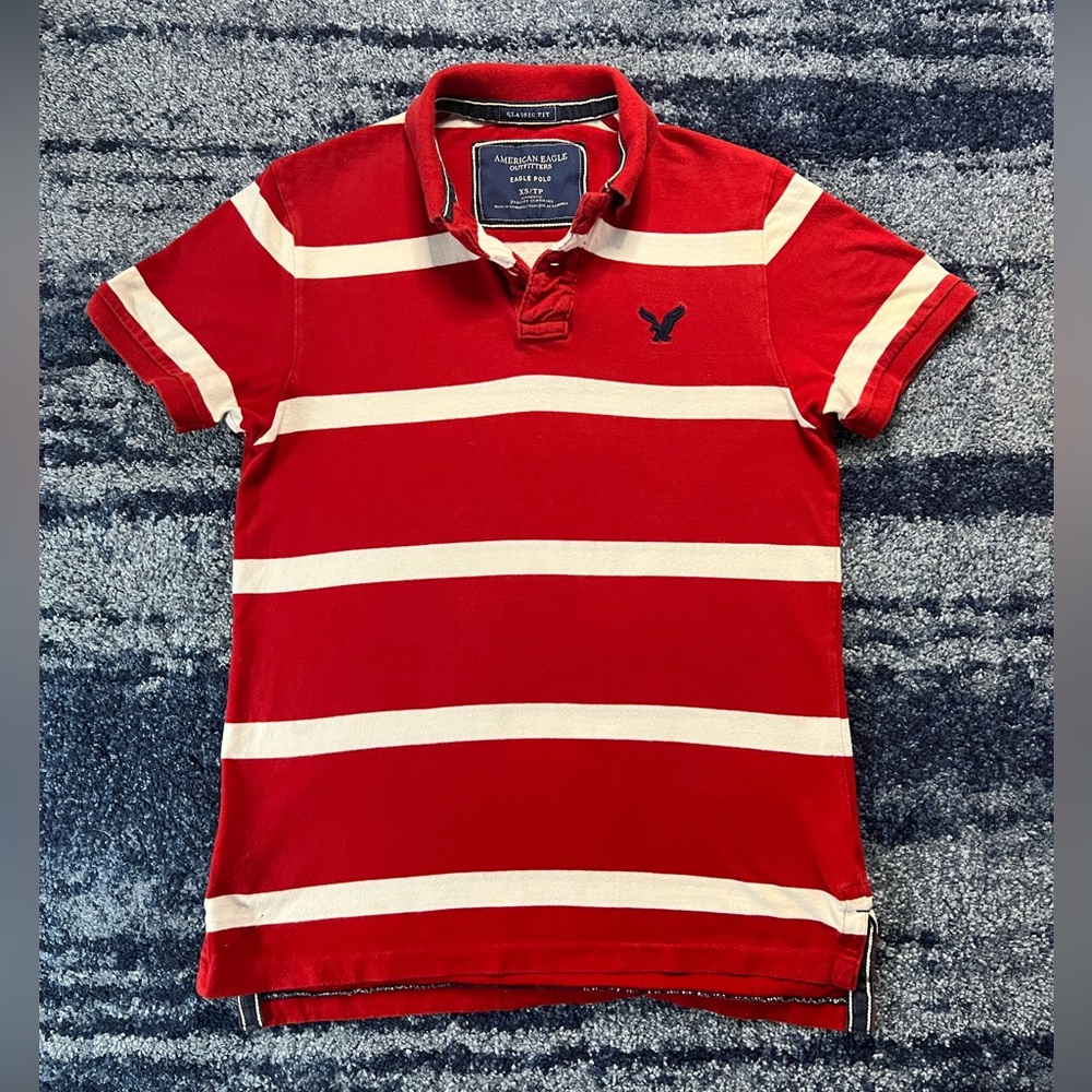 Men's American Eagle Polo Shirt XS - Red with White Stripes